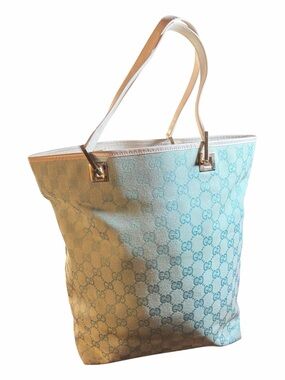 Gucci Vintage Light Blue GG Canvas Tote Bag White Leather Trim Rare Colorway